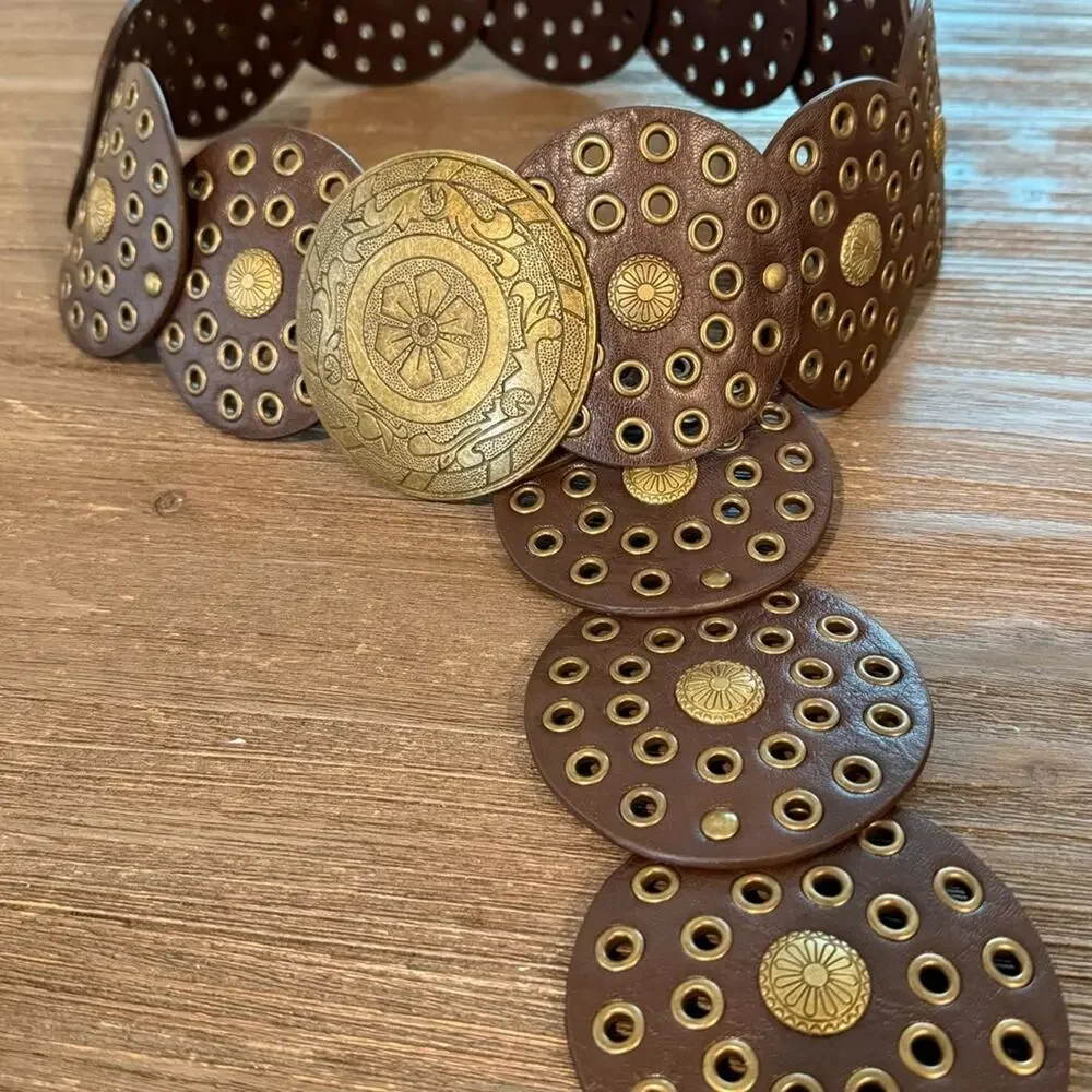 One Size Western Boho Embellished Circle Belt Brown Gold Big Buckle